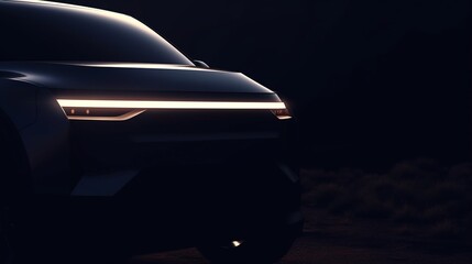 Modern Electric SUV Car Front View with LED Headlights at Night in Dark Background - obrazy, fototapety, plakaty