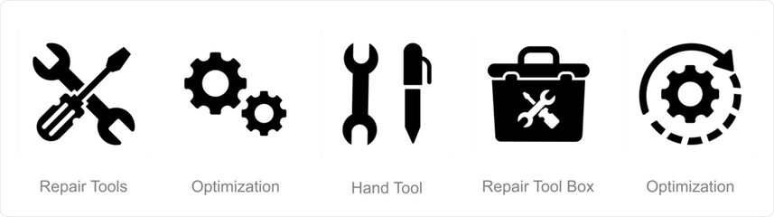 A set of 5 Mix icons as repair tools, optimization, hand tool