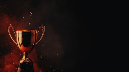 Golden Trophy Cup on Dark Background with Sparkling Flames of Victory Celebration and Copy Space
