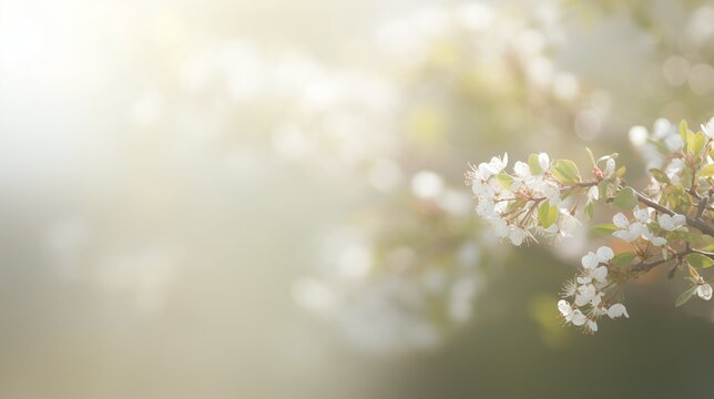 Spring Blossom Background with Sunlight Bokeh and Branch of Blooming White Flowers