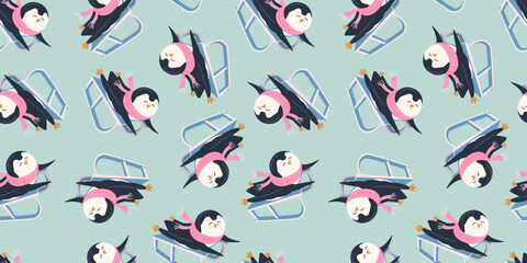 Seamless pattern with cute penguin sledding. Animals pattern. Penguin cartoon on winter background. Great for wrapping paper design, fabric, textile. Christmas and New Year background © AnChem07