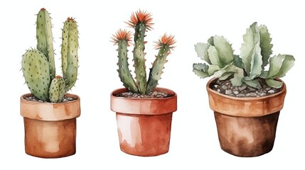 Watercolor Potted Cactus Trio Home Decor Illustration