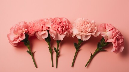 Elegant Pink Carnation Flowers Lined Up on Pastel Background Perfect for Mother's Day Greetings and Springtime Floral Arrangements