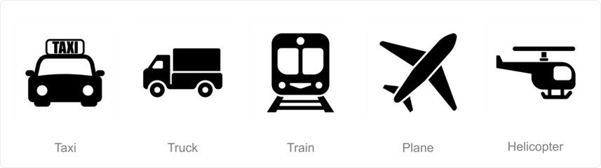 A set of 5 Mix icons as taxi, truck, train