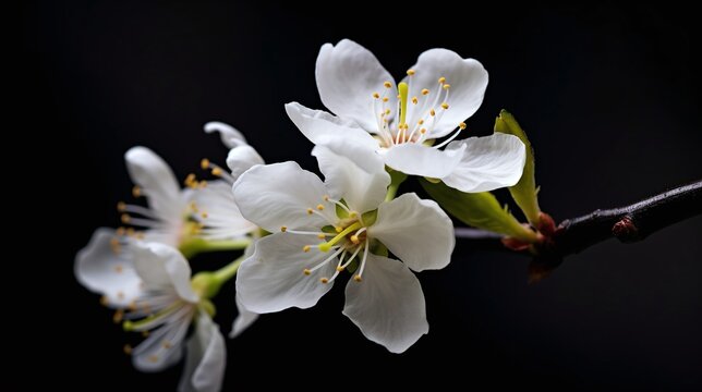 Elegant White Cherry Blossom Closeup on Black Background for Spring Floral Design Wallpaper