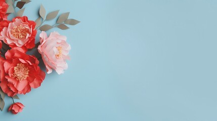 Elegant Red and Pink Peonies with Green Leaves on Soft Blue Background Perfect for Invitations and Greeting Cards