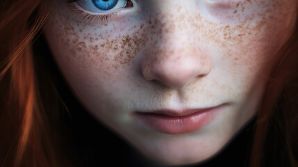 Close Up Portrait of Young Redheaded Woman with Freckles and Blue Eyes