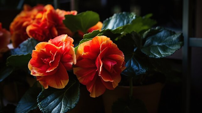 Vibrant Orange Begonia Flowers with Lush Green Leaves in Natural Light