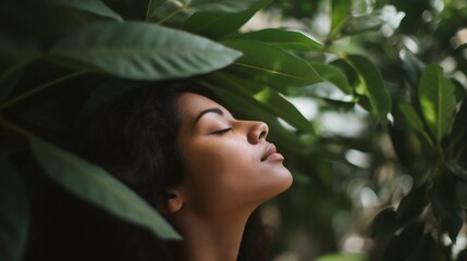 Serene Woman with Eyes Closed Embracing Nature Amongst Green Leaves