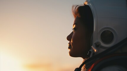 Close Up of Female Astronaut Helmet at Sunset Contemplating Skyward Adventure and Exploration