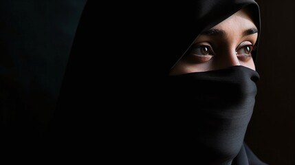 Portrait Of Young Woman Wearing Niqab With Eyes Visible Against Dark Background - obrazy, fototapety, plakaty