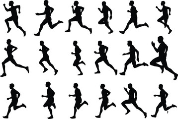 Fototapeta na wymiar Runners on sprint. Running men, player runners, group of isolated silhouettes in editable vector for reuse in online games, race competition poster or banner for media and web. eps 10.