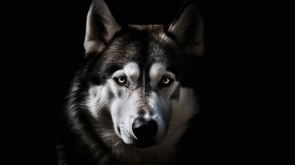 Majestic Alaskan Malamute Dog with Striking Blue Eyes Portrait on Black Background