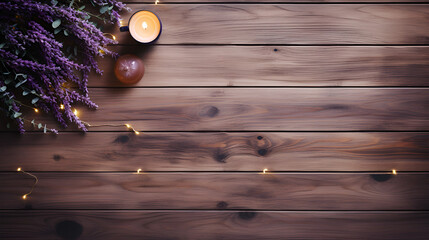 a light wood table, adorned with asterism christmas lights, background with some eucalyptus and lavender with a cup of coffee - obrazy, fototapety, plakaty