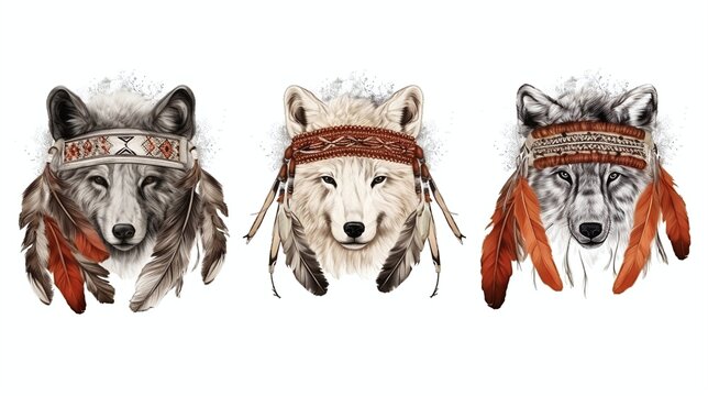 Tribal Spirit Wolves Featuring Native American Headdress Illustration