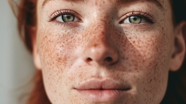 Close Up Portrait of Young Woman with Freckles and Green Eyes Looking Thoughtfully at the Camera