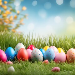 Fototapeta premium Easter background with Easter eggs and spring flowers.illustration