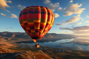 Fototapeta premium Colorful hot air balloon flying over a serene lake with mountain landscape during a vibrant sunset.
