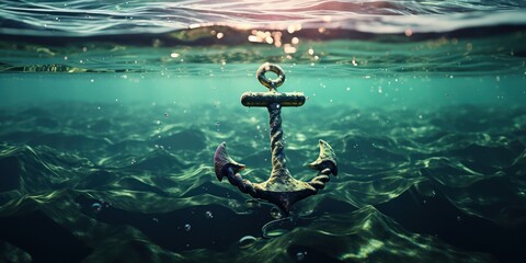 A bold golden anchor hangs suspended above the turbulent silver waves below. - obrazy, fototapety, plakaty