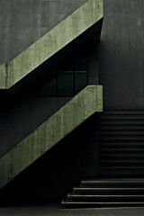 Fototapeta premium Shadows of Brutality: Green and Black in Architectural Symmetry in the Urban Jungle
