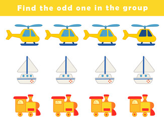 Naklejka premium Find the odd one out for toddlers. Spot the difference for kids. Educational quiz worksheet with cute train illustration. Logical activity for children.