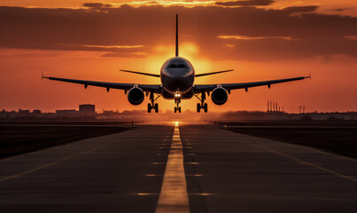 Fototapeta na wymiar Sunset Soar, A Plane Takes Off, Silhouetted Against the Warm Glow of the Evening Sky.