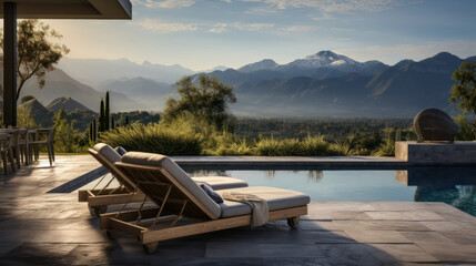 Swimming Pool Boasts Luxury Seating, Perfect for Enjoying the Serenity with a Mountain Backdrop.