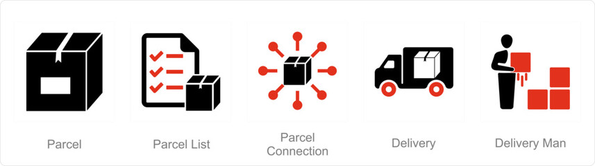 A set of 5 Mix icons as parcel, parcel list, parcel connection