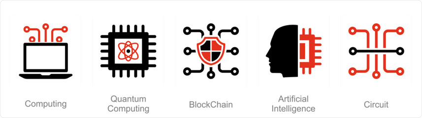 A set of 5 Mix icons as computing, quantum computing, block chain