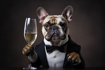 Cute French Bulldog Wearing a Suit and Holding a Glass of Champagne for New Years Eve Celebration - obrazy, fototapety, plakaty