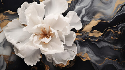White peony on liquid marbled white and gold black background.