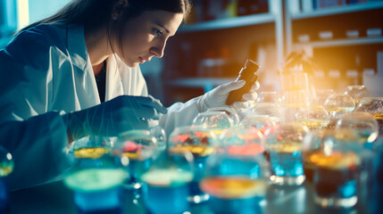 Microbiologist in the laboratory examines petri dishes. Selective focus. - obrazy, fototapety, plakaty