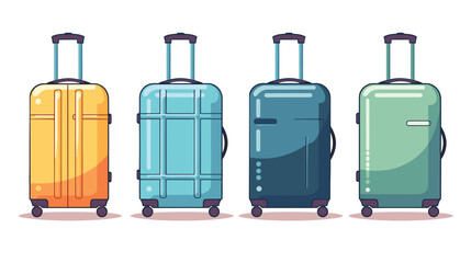 Set of cartoon plastic suitcases on wheels. Travel bag isolated on background. Vector Illustration