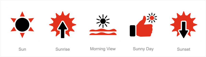 A set of 5 Mix icons as sun, sunrise, morning view