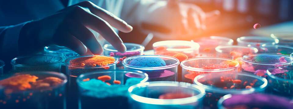 Microbiologist in the laboratory examines petri dishes. Selective focus.