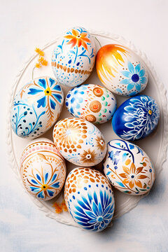 Beautiful Easter eggs on a white background. Selective focus.