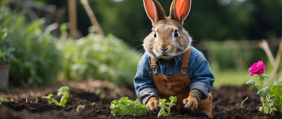 Rabbit in overalls weeding his garden. - obrazy, fototapety, plakaty