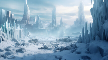 Icy snowy icy city. Natural disaster.