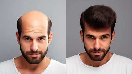 Foto op Canvas Balding Man Before and After Hair Transplant Surgery. Man Losing Hair Becomes Shaggy. Frontal view. Advertisement Poster for Hair Transplant Clinic, generative ai © Thumbs