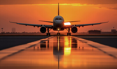 Naklejka premium Sunset Soar, A Plane Takes Off, Silhouetted Against the Warm Glow of the Evening Sky.