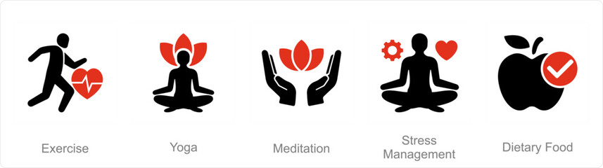 A set of 5 Mix icons as exercise, yoga, medidation