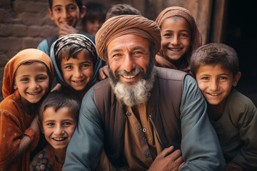 Group of happy different ages people looking at camera. Family on various ages having fun together
