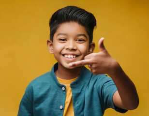 Cheerful Boy Playfully Showing Gesture with Middle Finger in Funny Portrait - obrazy, fototapety, plakaty