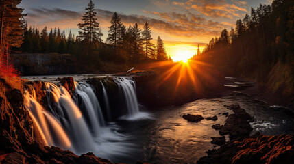 Photograph  taken from a camera and Nikon z8 camera of realistic majestic sunset over the waterfall in the forest