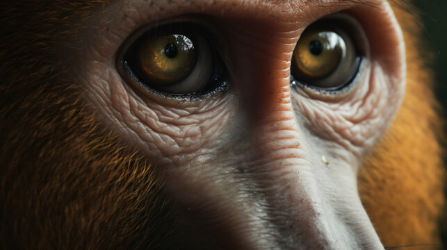 close-up photograph of the inquisitive eyes of a proboscis monkey