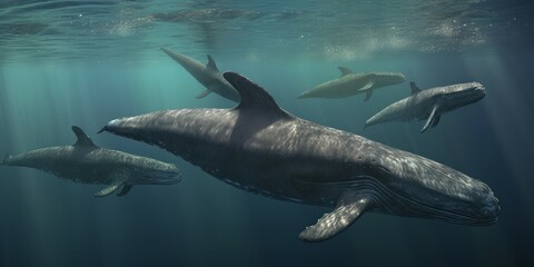 The pod of whales is swimming.