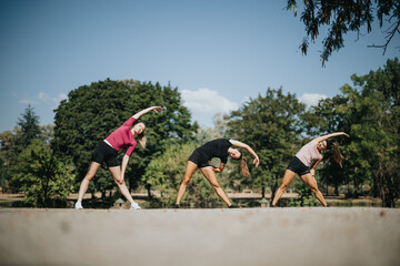 Active, athletic females enjoying outdoor sports and stretching exercises in a city park. They...