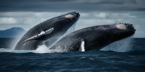 Two humpback whales breach the ocean’s surface, showcasing their majestic forms against a cloudy sky