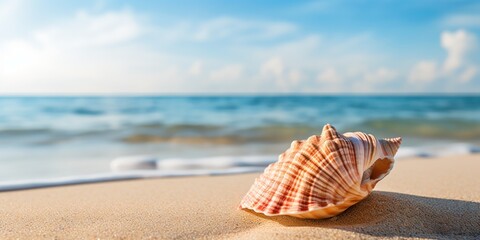 Close-up of a seashell with the beach softly focused in the back. - obrazy, fototapety, plakaty