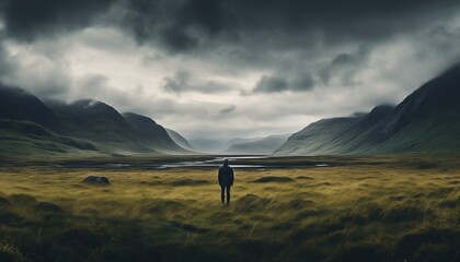 Scenery behind alone one man stand in the middle of the grass surrounded by highland landscape scenery and overcast sky. - obrazy, fototapety, plakaty